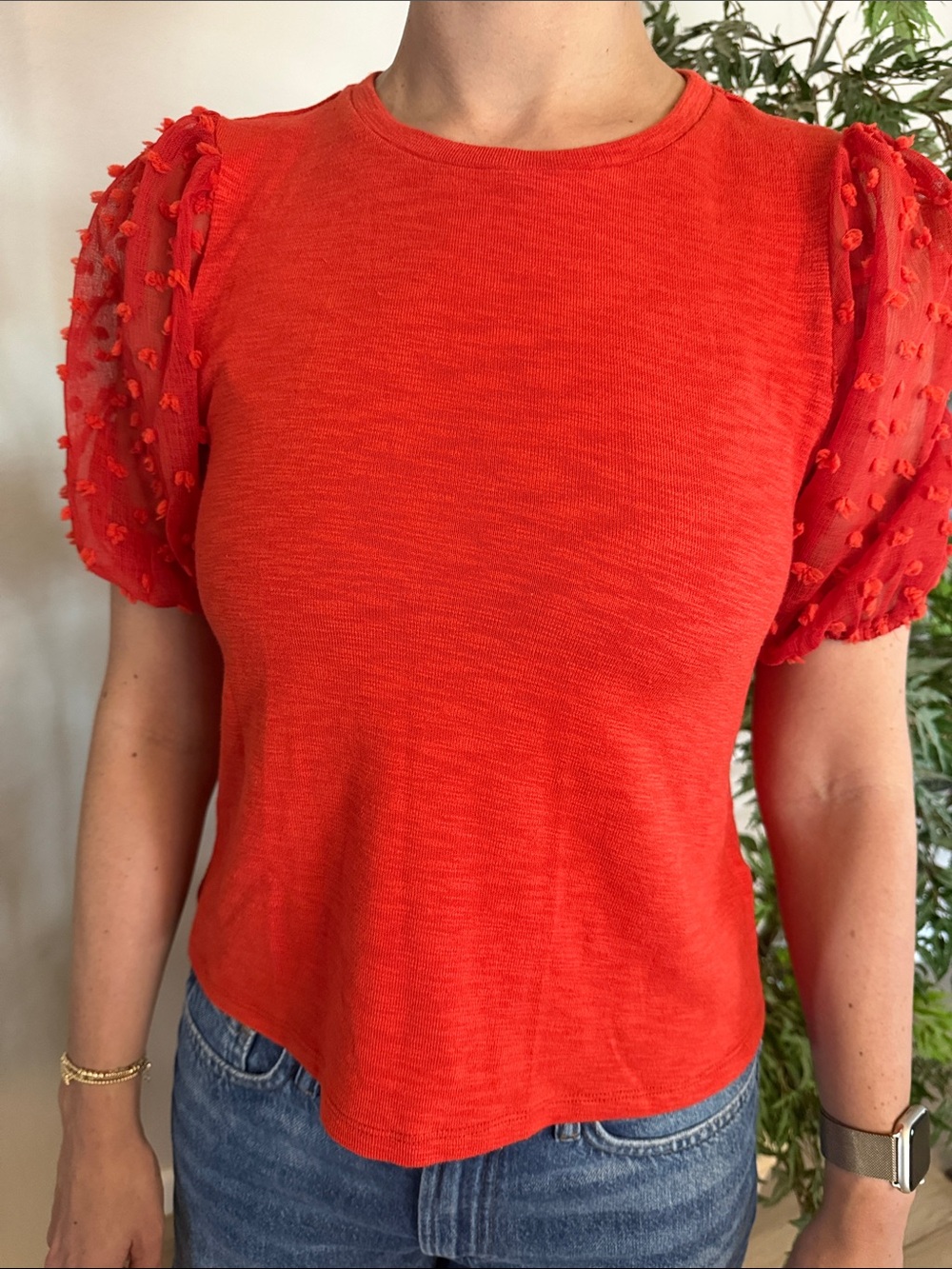 Maeve Bright Red Puff-Sleeve Crewneck Top